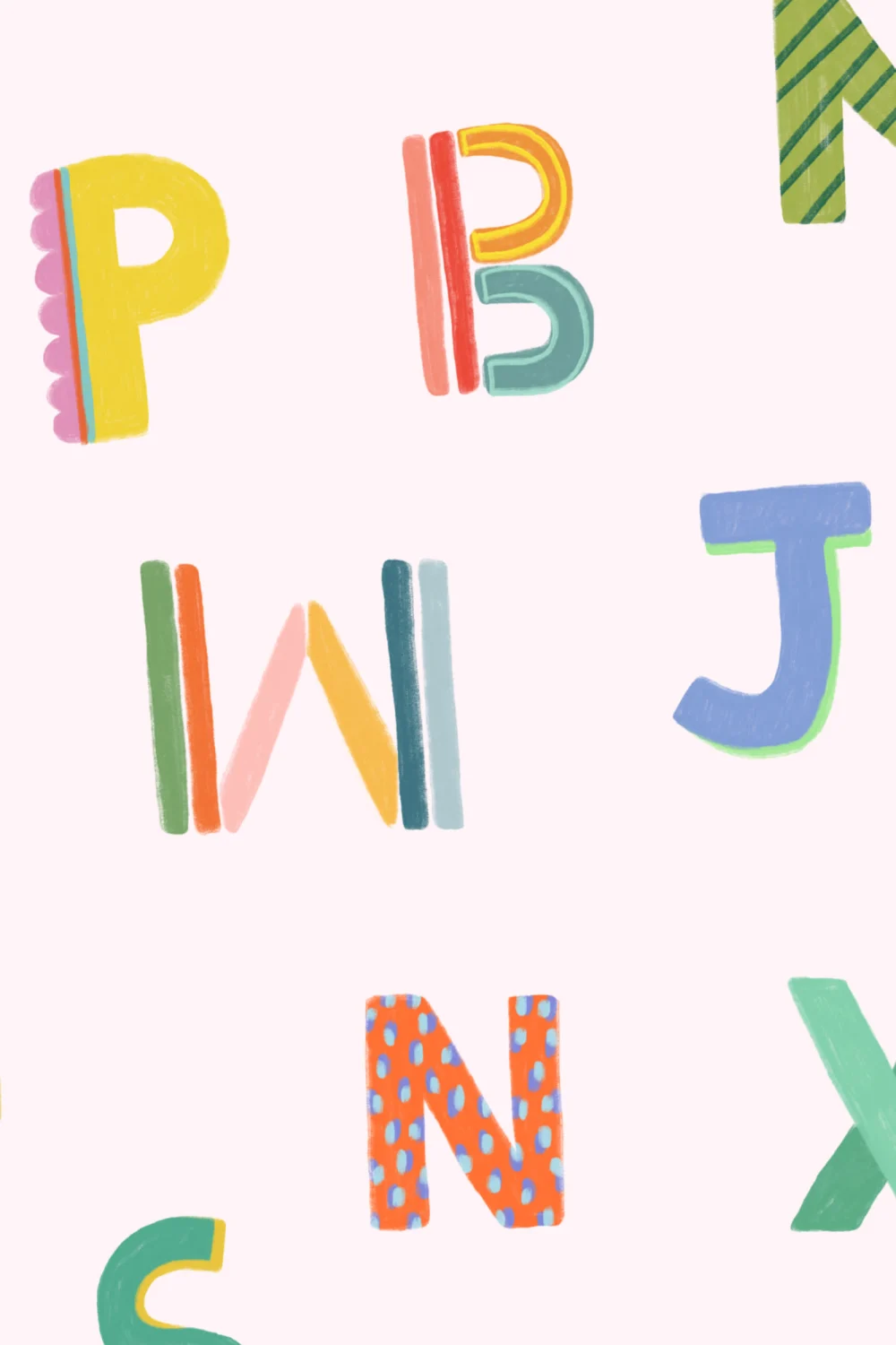 Carta da parati rosa colorata per bambini con alfabeto