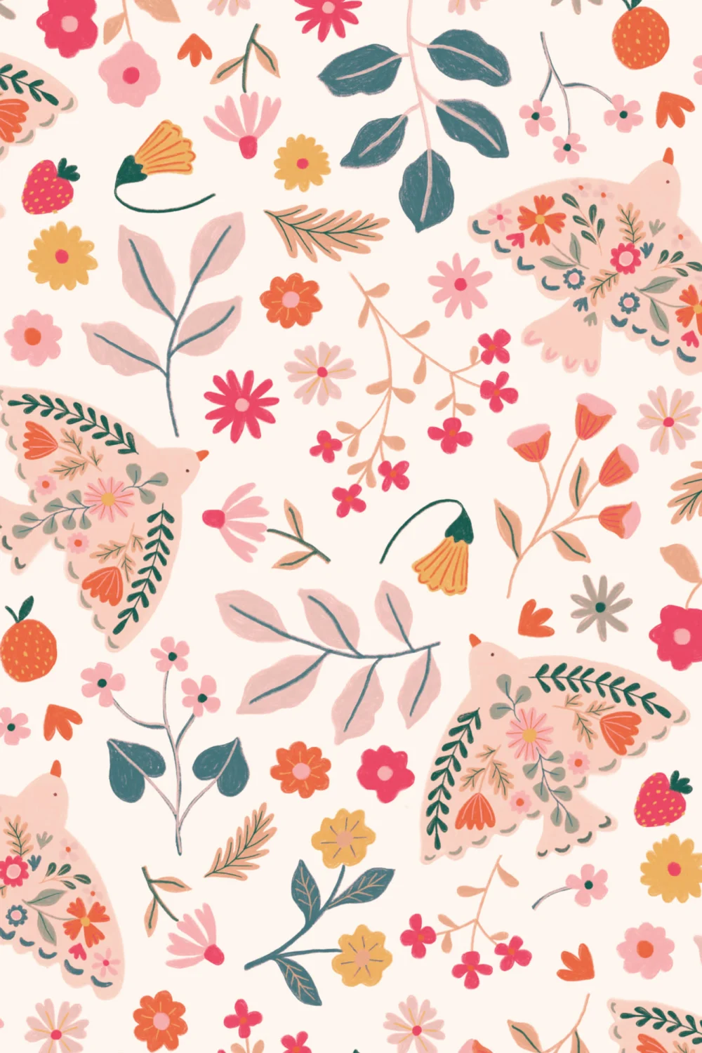 Pink Scandinavian Bird & Floral Motif Wallpaper