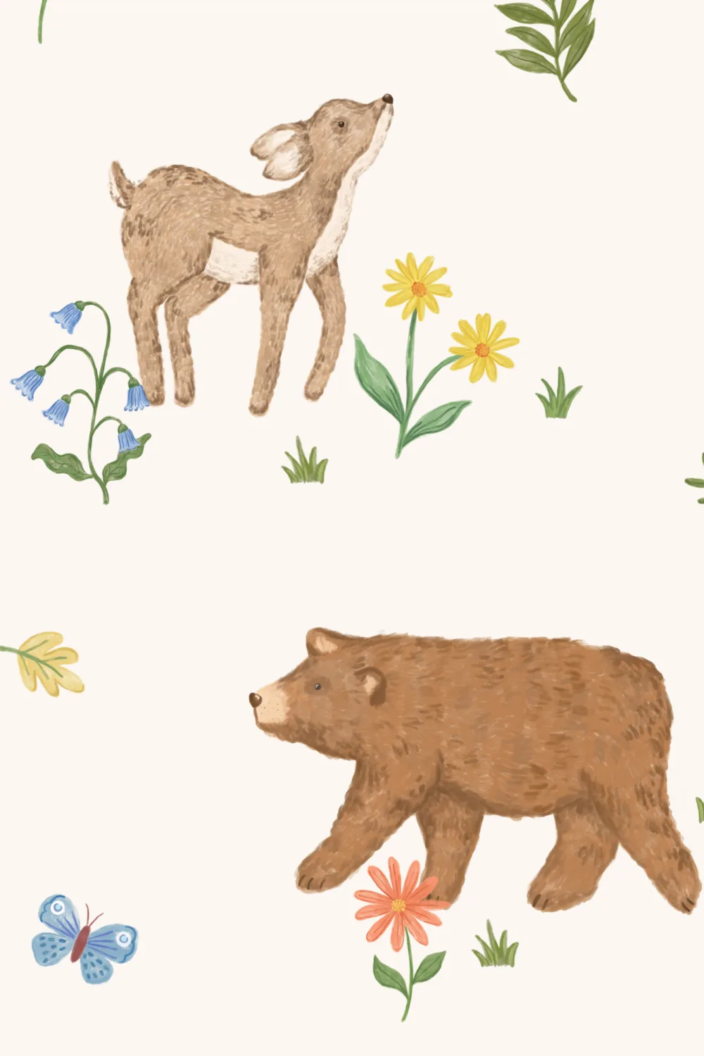 Beige Kids Cute Woodland Animals Mural