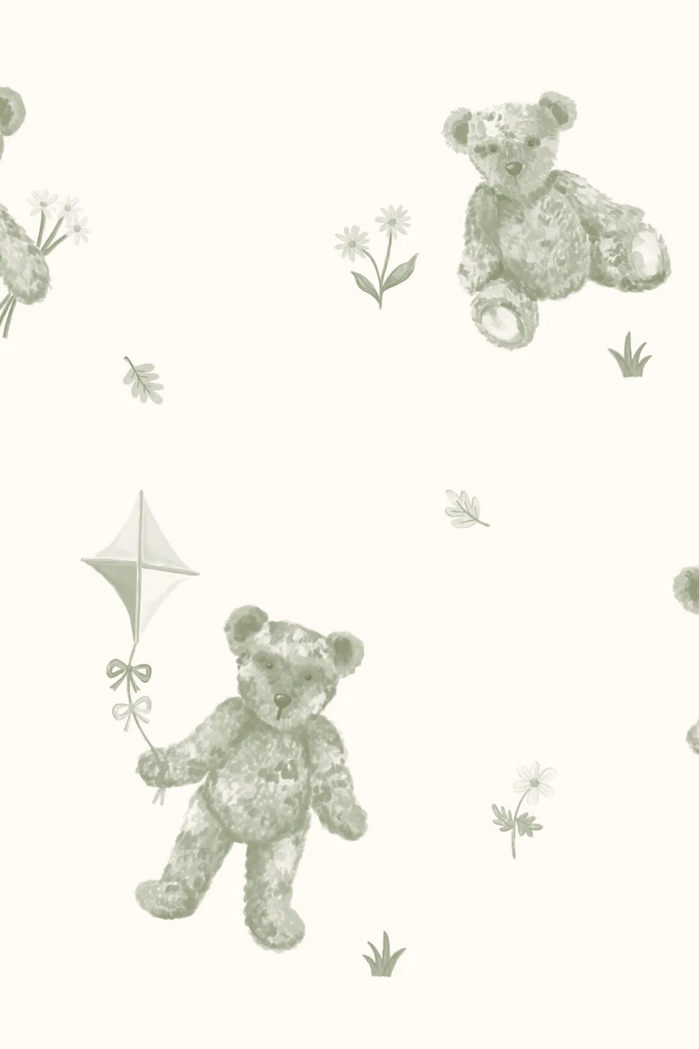 Green Kids Cute Teddy Motif Wallpaper
