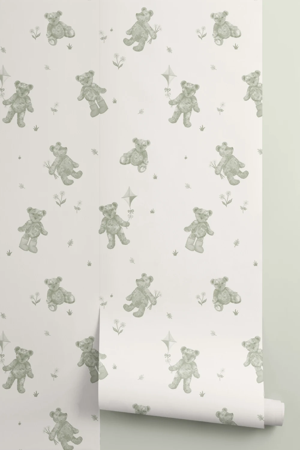 Green Kids Cute Teddy Motif Wallpaper