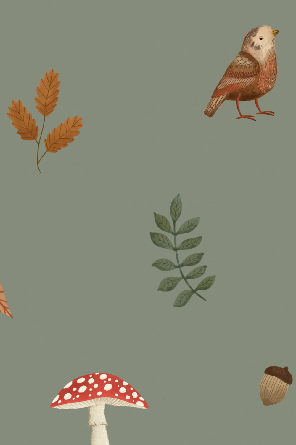 Mural de pássaros, cogumelos e folhas da floresta verde para crianças