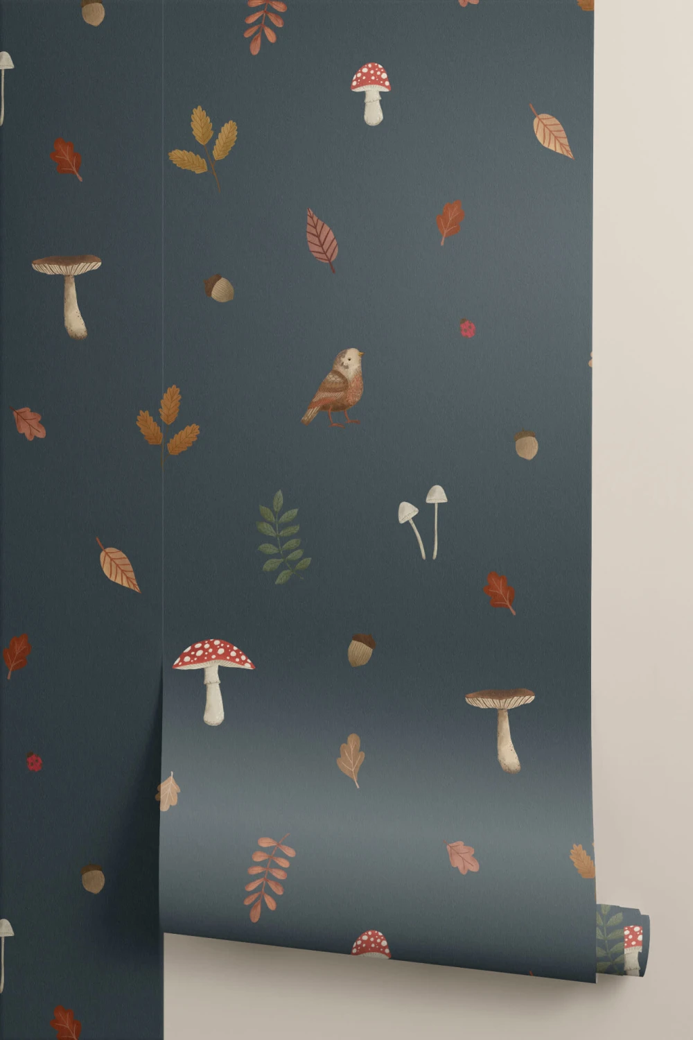 Kids Blue Woodland Birds, Mushroom & Leaves Mural