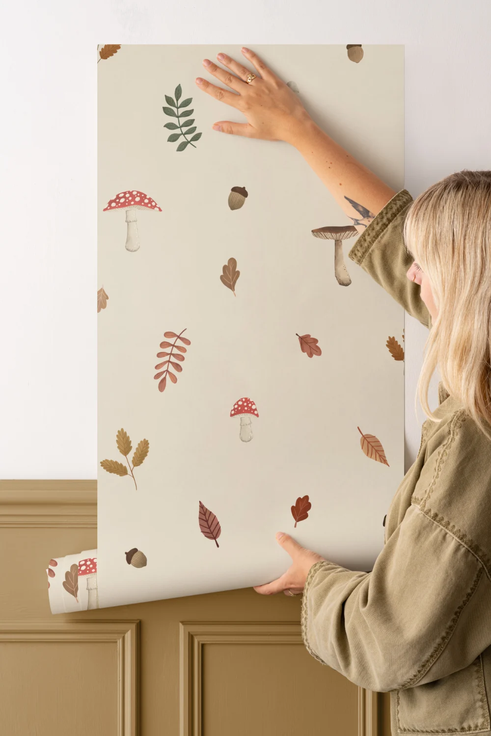 Kids Beige Woodland Birds, Mushroom & Leaves Mural