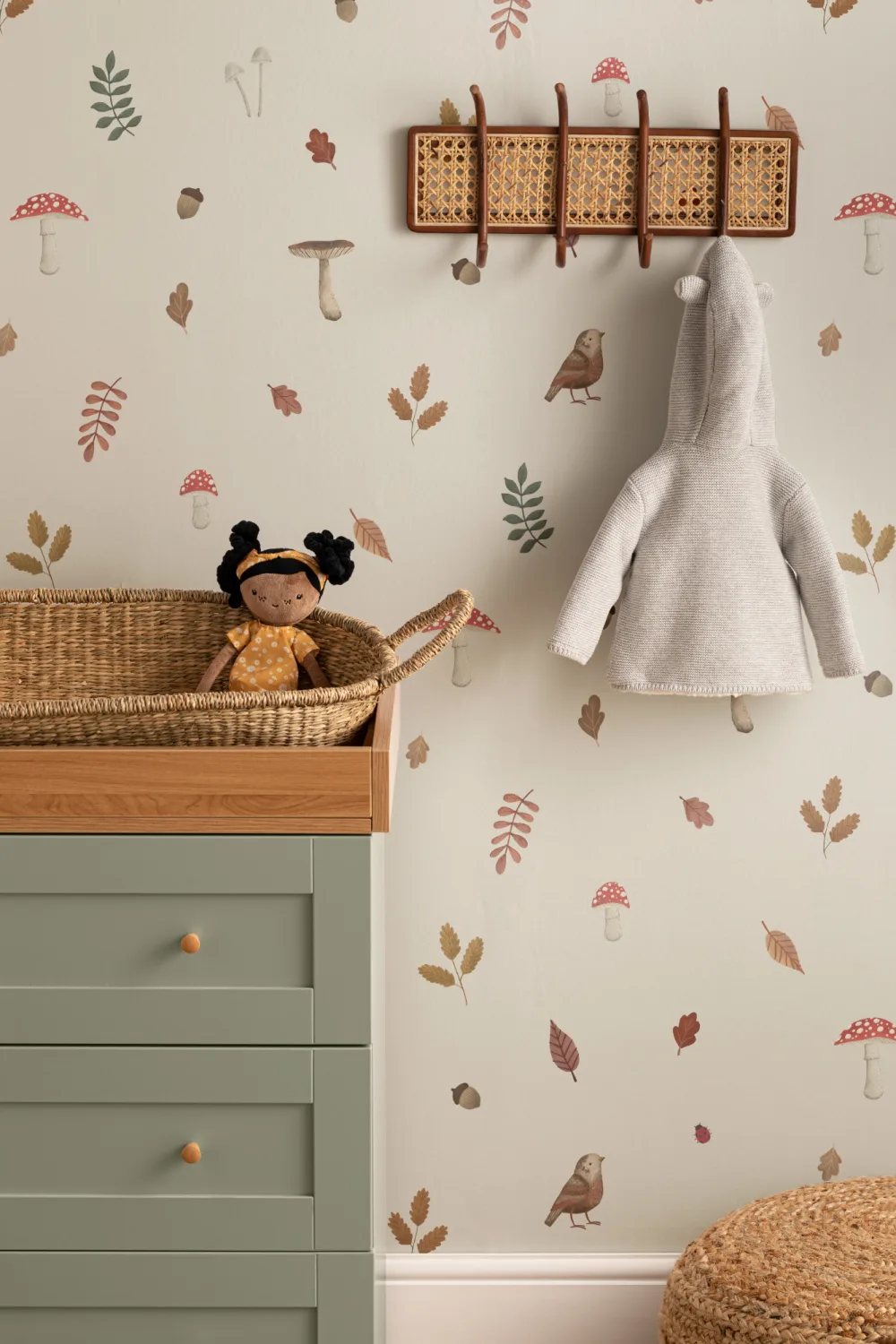 Kids Beige Woodland Birds, Mushroom & Leaves Mural