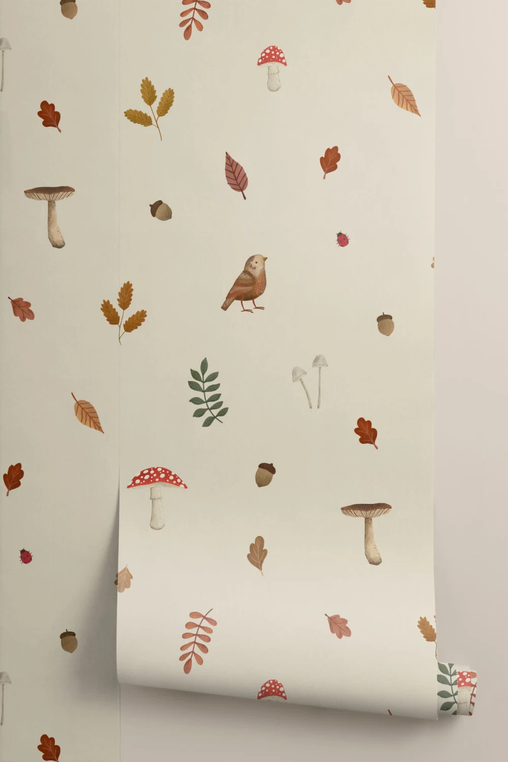 Kids Beige Woodland Birds, Mushroom & Leaves Mural