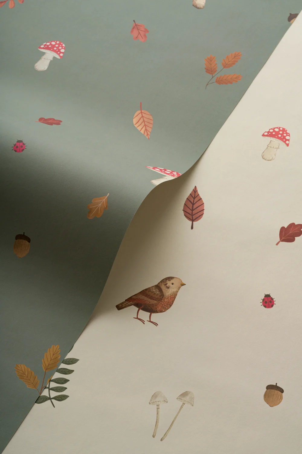 Kids Beige Woodland Birds, Mushroom & Leaves Mural