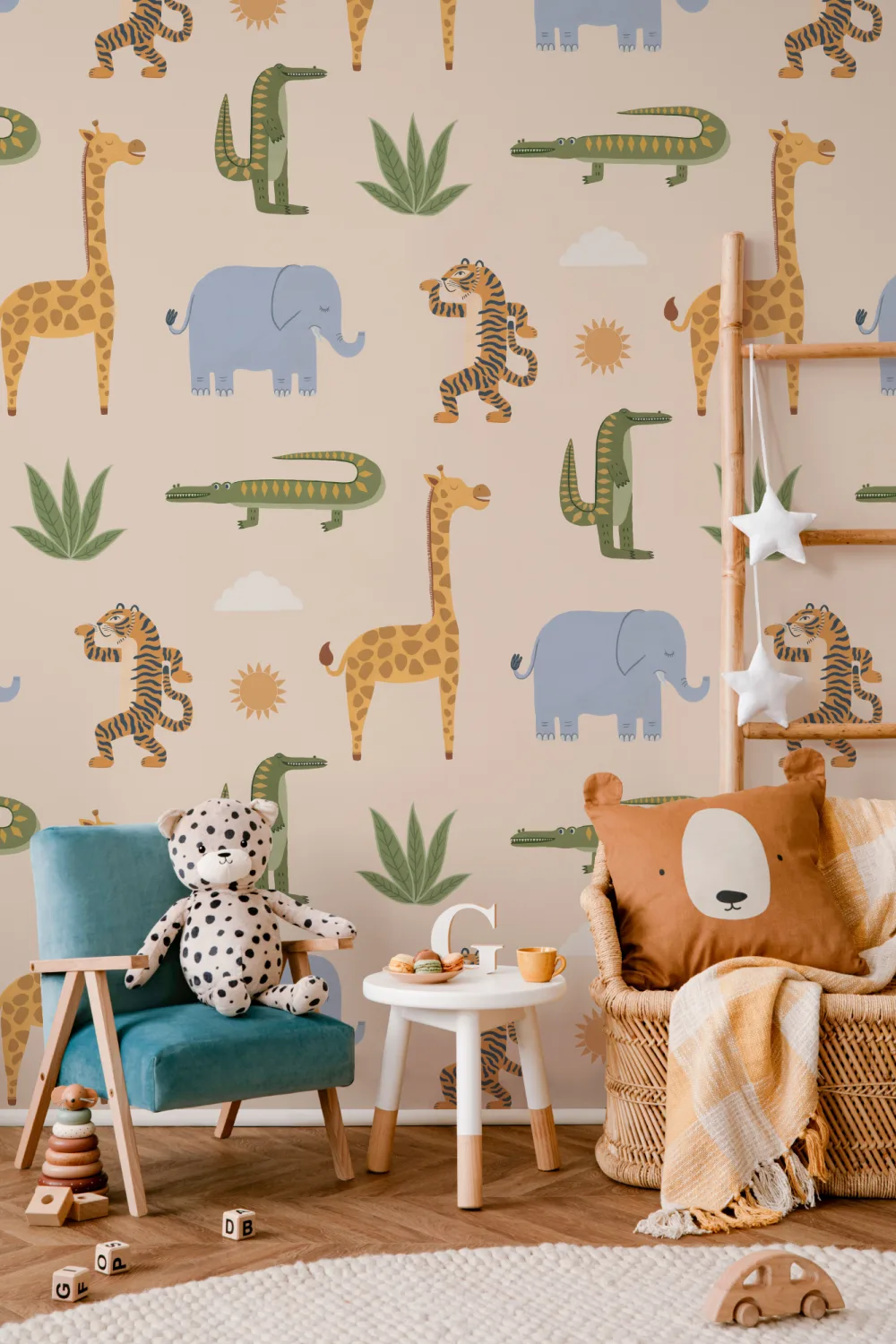Beige Kids Playful Jungle Animals Mural