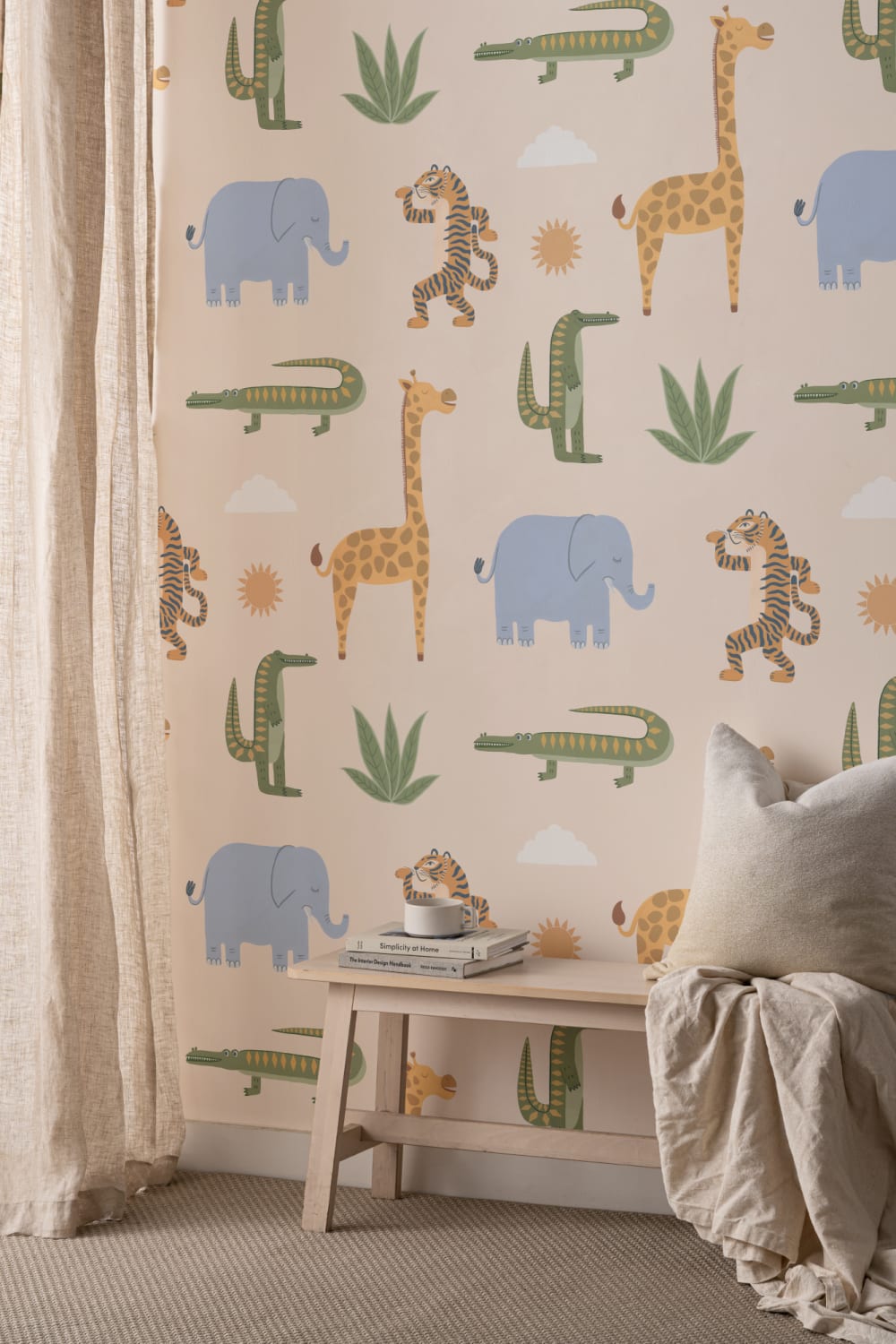 Beige Kids Playful Jungle Animals Mural