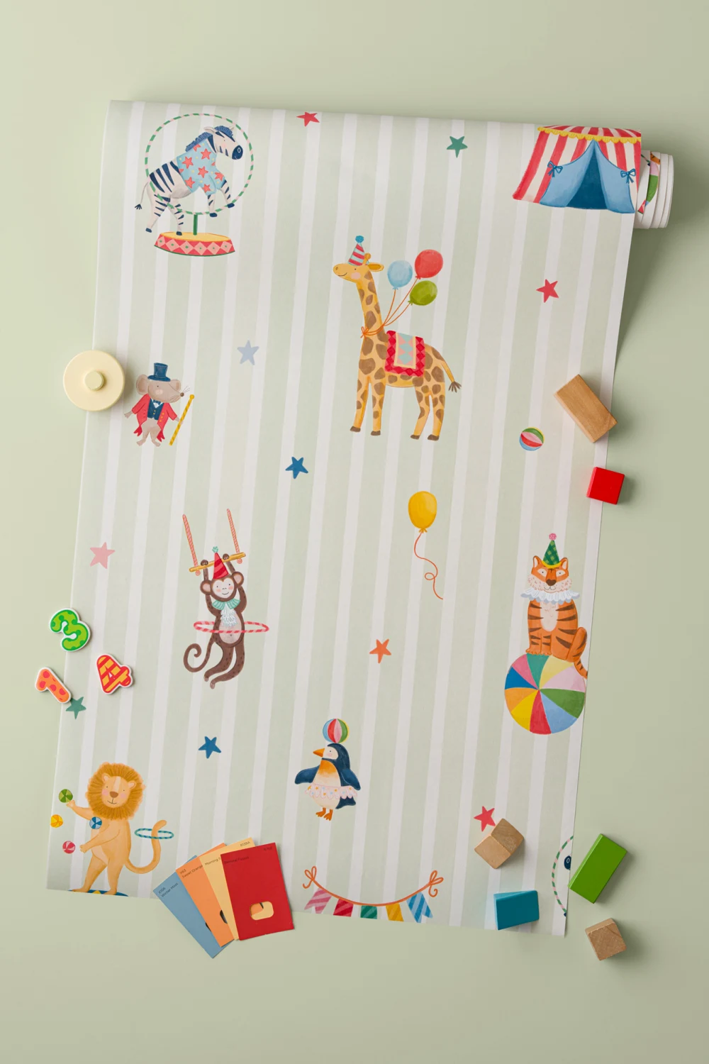 Kids Green Stripe Circus Animals Mural
