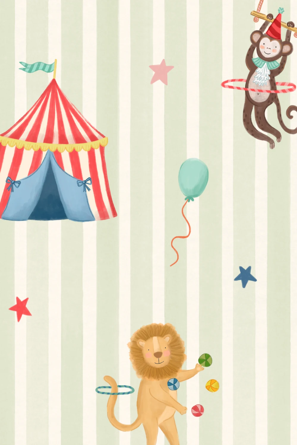Kids Green Stripe Circus Animals Mural