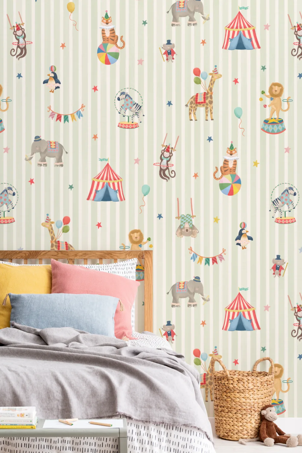 Kids Green Stripe Circus Animals Mural