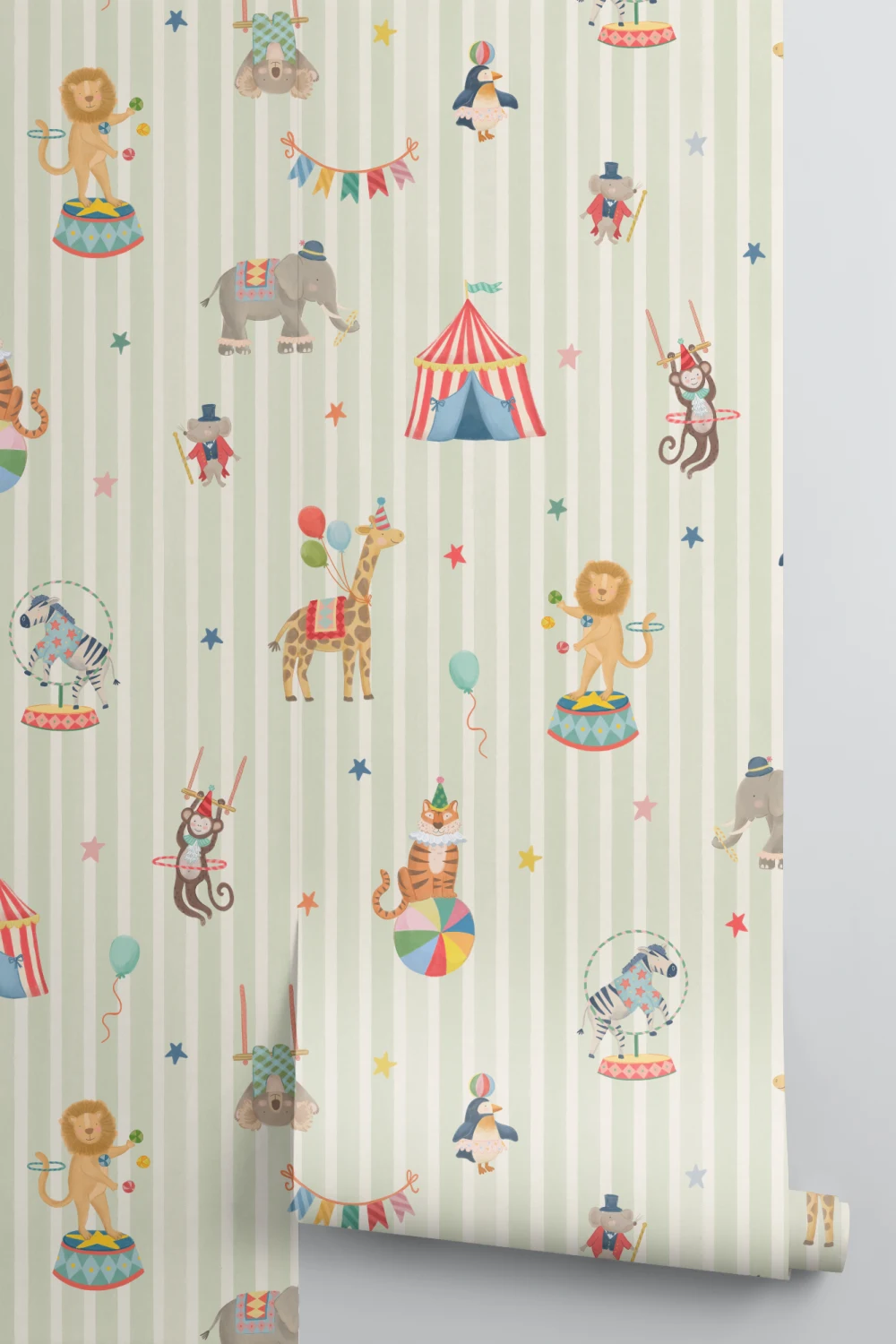 Kids Green Stripe Circus Animals Mural