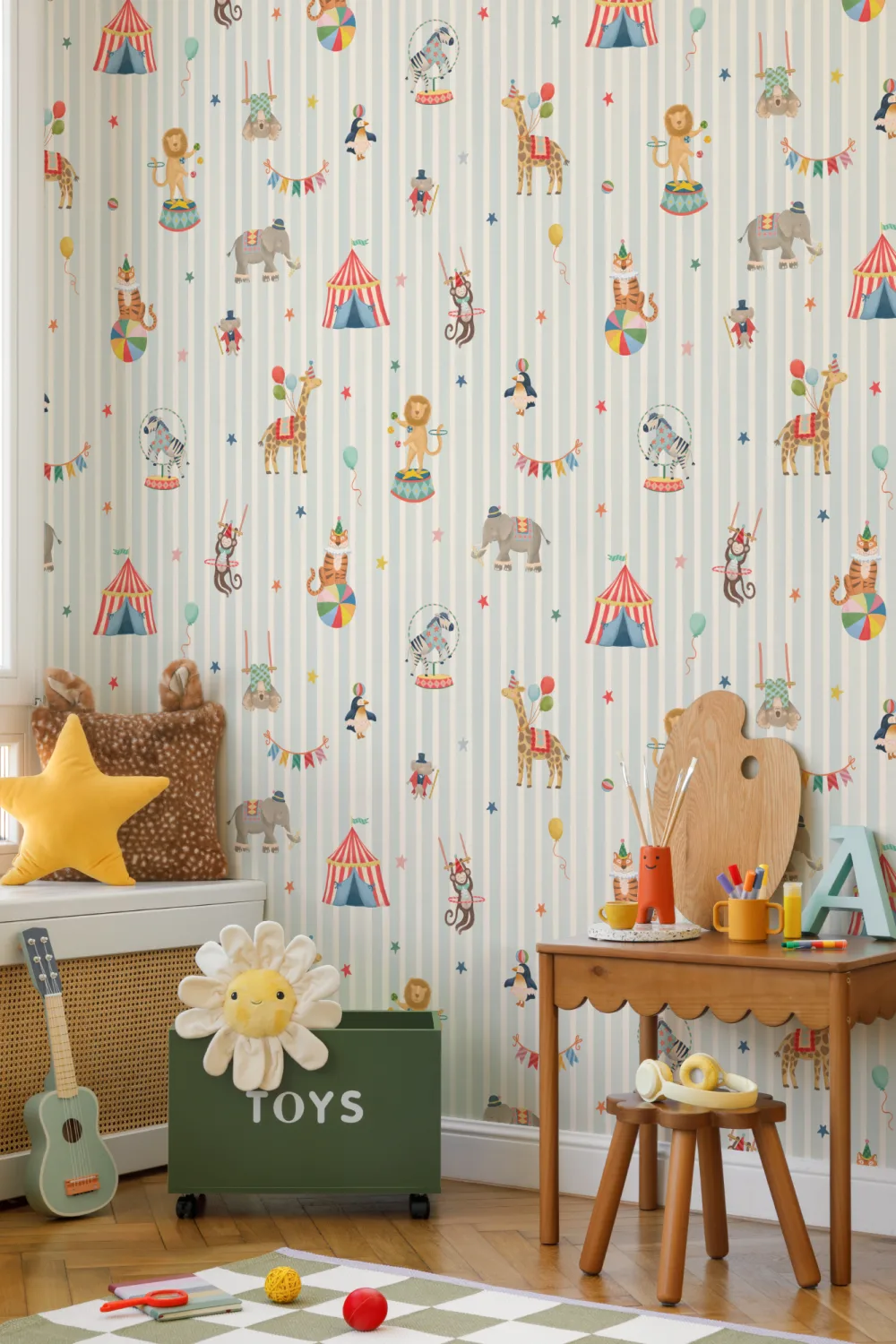 Lapset sininen raita sirkus eläimet seinämaalaus