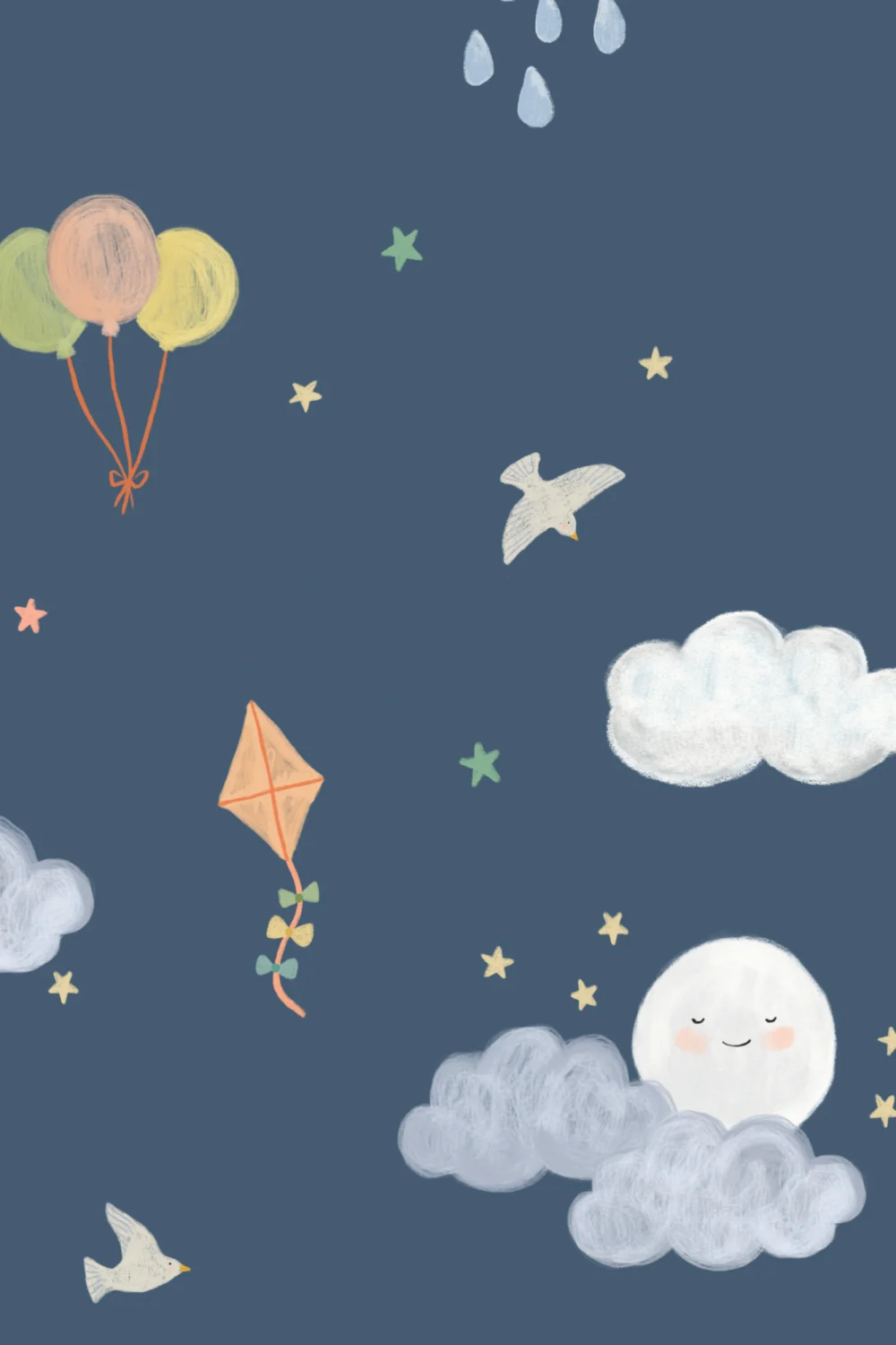 Dark Blue Hand Drawn Sun, Clouds & Rainbow Print Wallpaper