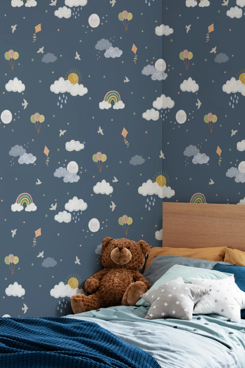 Dark Blue Hand Drawn Sun, Clouds & Rainbow Print Wallpaper