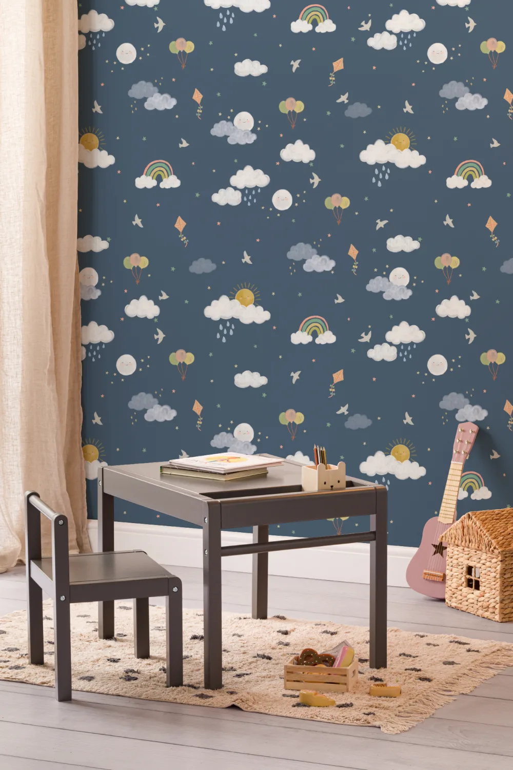 Dark Blue Hand Drawn Sun, Clouds & Rainbow Print Wallpaper