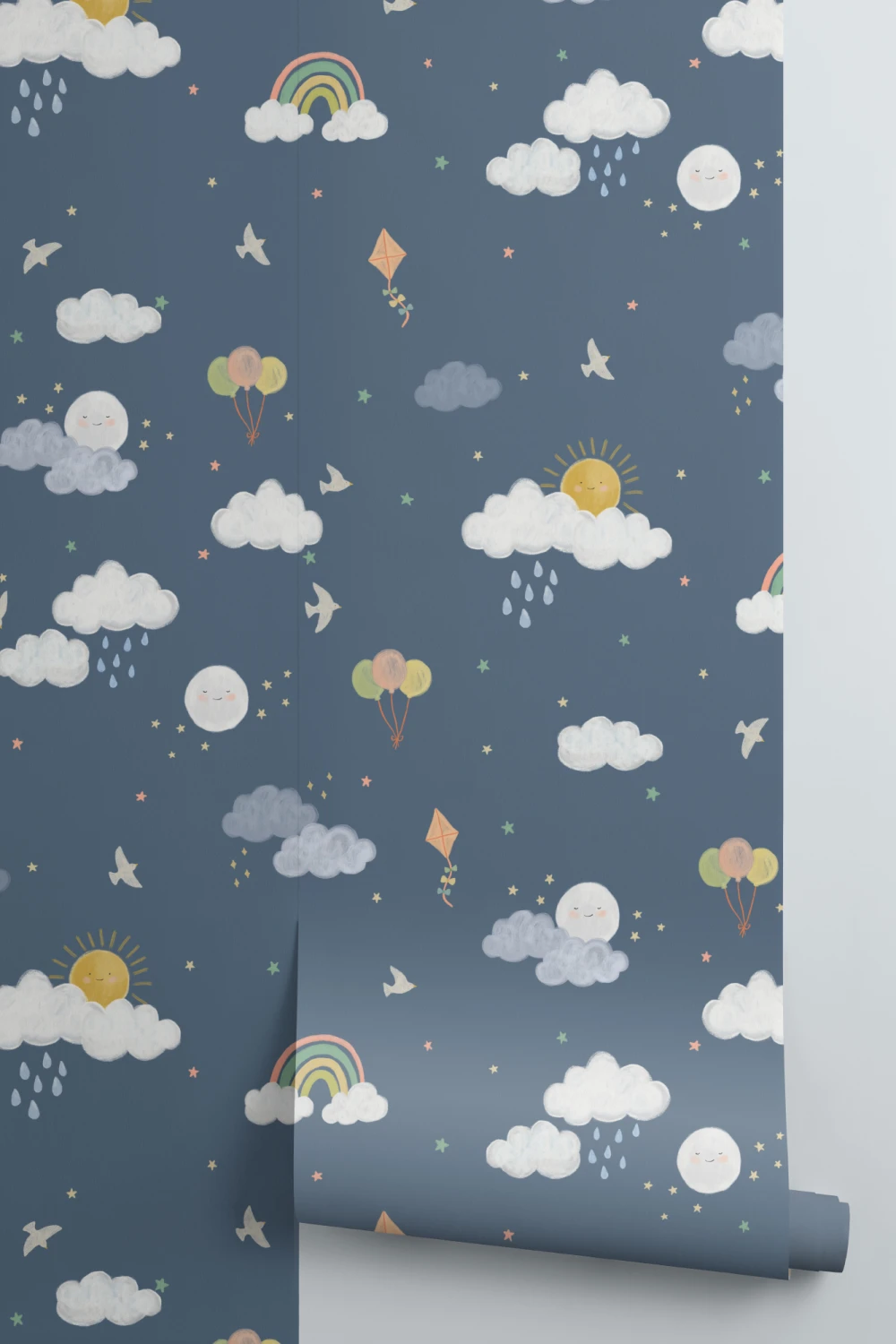 Dark Blue Hand Drawn Sun, Clouds & Rainbow Print Wallpaper