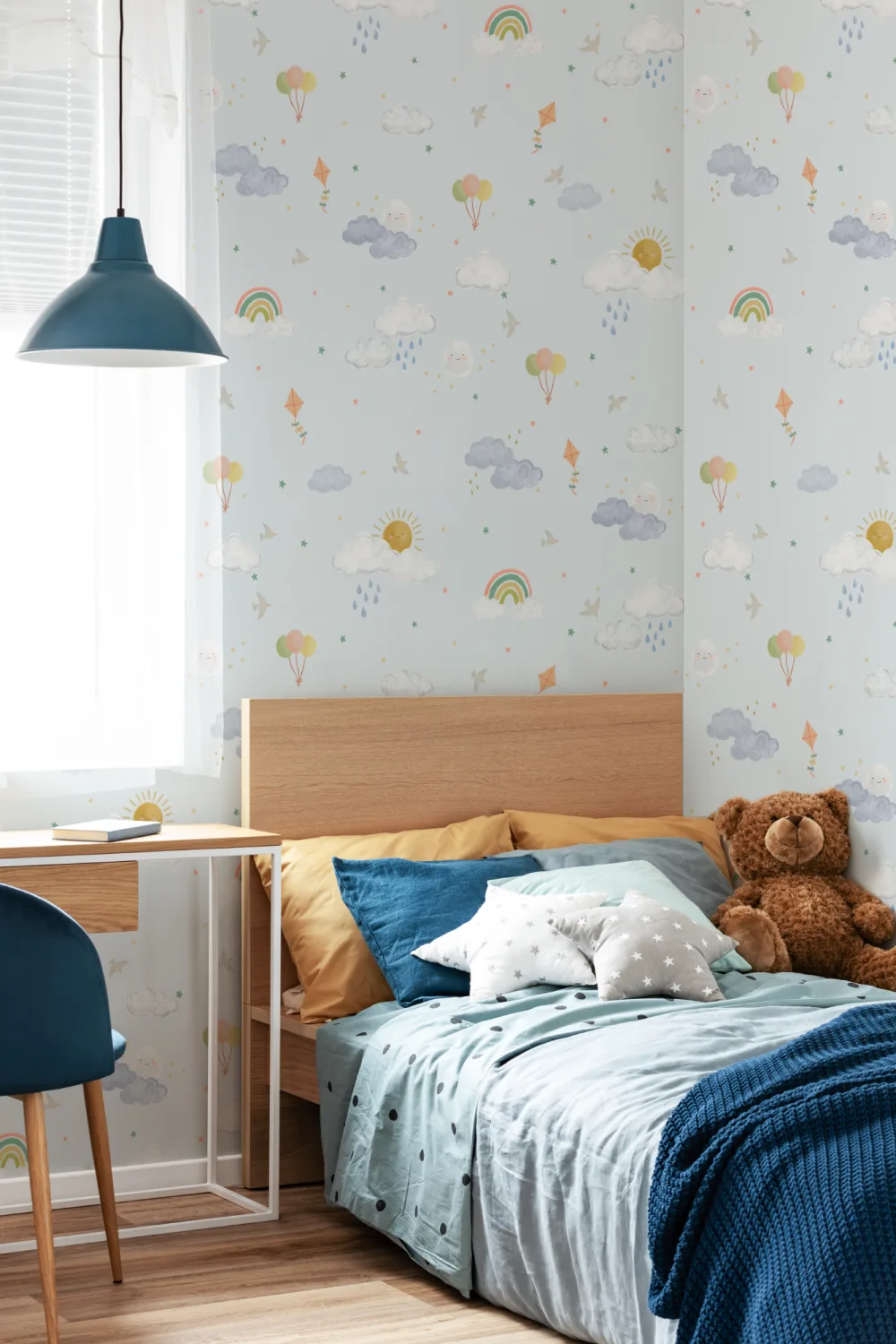 Light Blue Hand Drawn Sun, Clouds & Rainbow Print Wallpaper