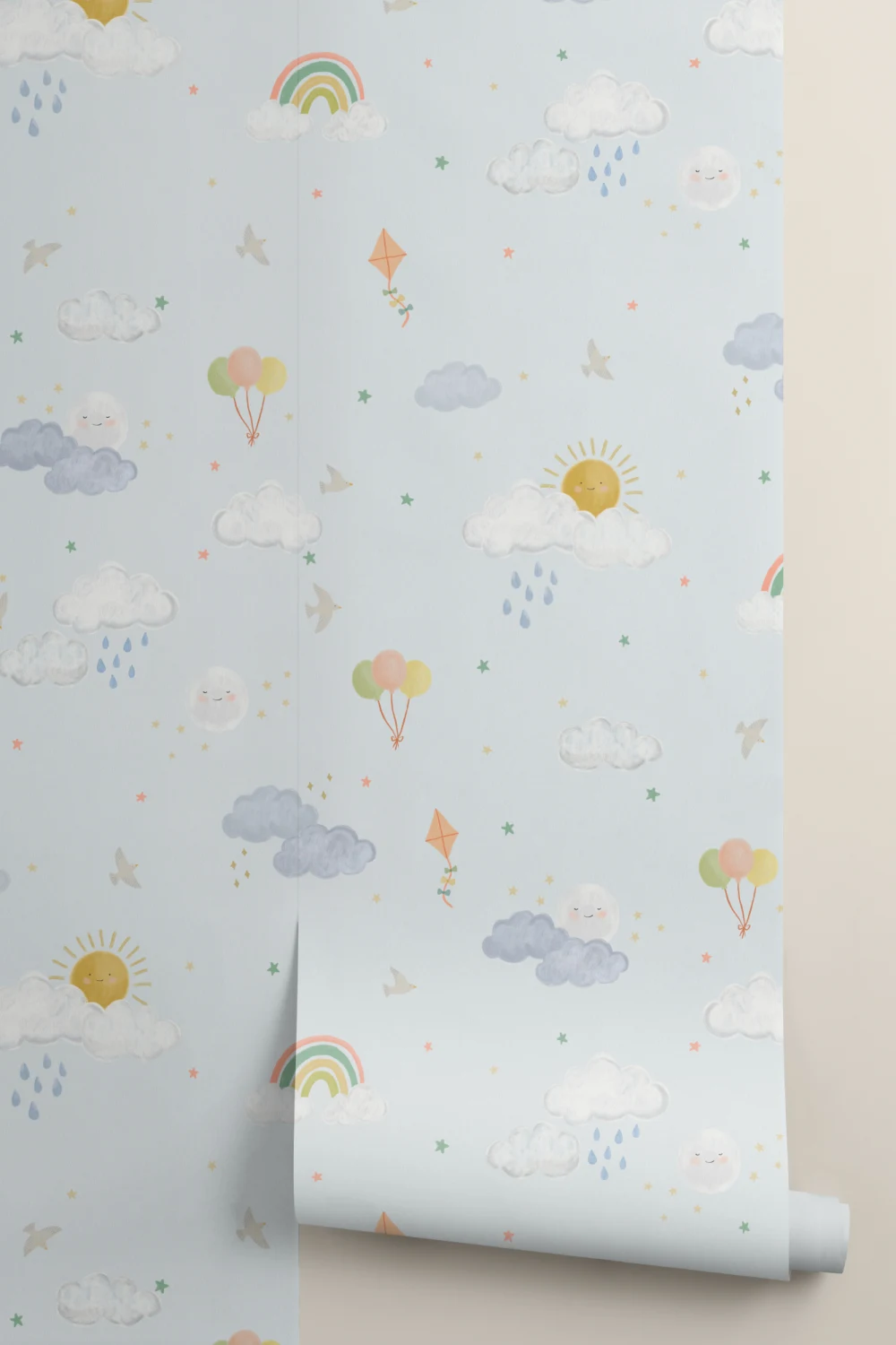 Light Blue Hand Drawn Sun, Clouds & Rainbow Print Wallpaper