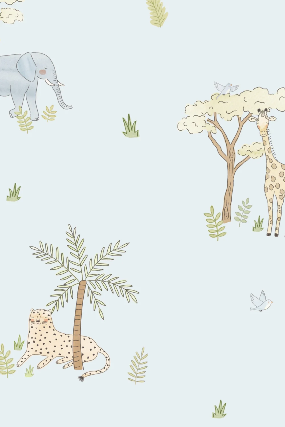 Blå illustrerad färgglad safari djur tapet