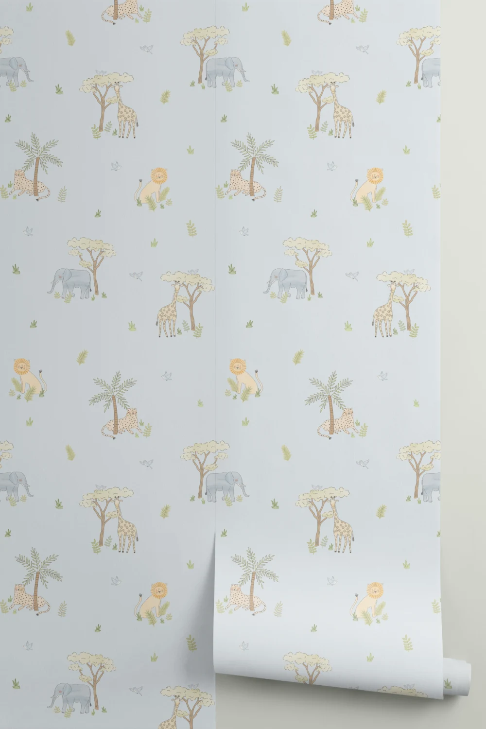 Blå illustrerad färgglad safari djur tapet