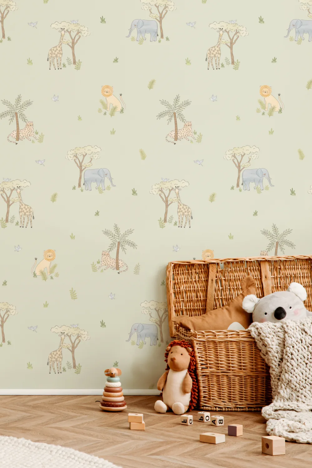 Papel pintado de Animales de safari coloridos ilustrado en verde