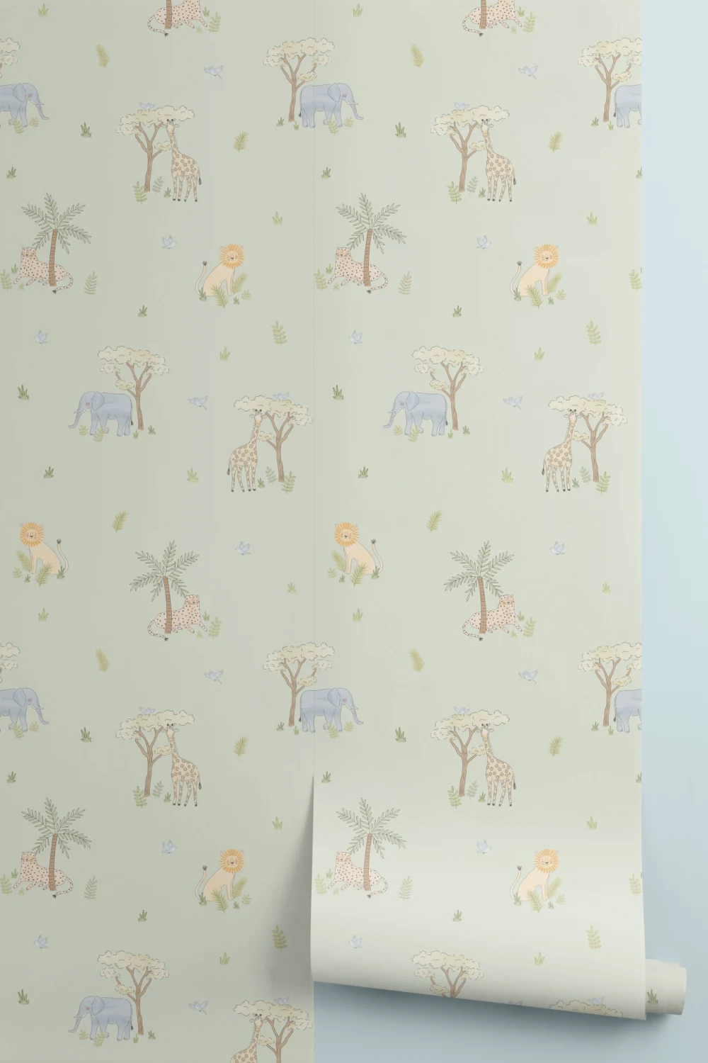 Papel pintado de Animales de safari coloridos ilustrado en verde