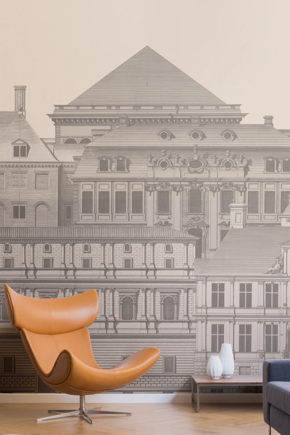 Mural de papel pintado con grabados de arquitectura clásica Diseño de Jan Matthysz y Pieter Jansz Post en gris