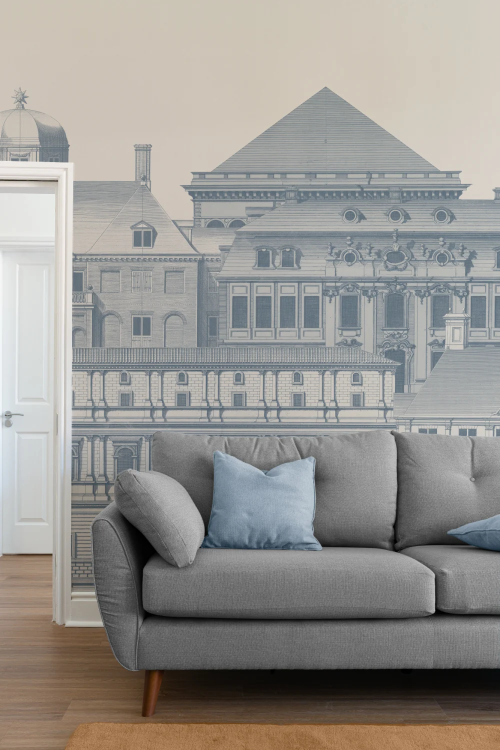 Classical Architectural Etching Wall Mural Blueprint Design by Jan Matthysz and Pieter Jansz Post in Navy Blue