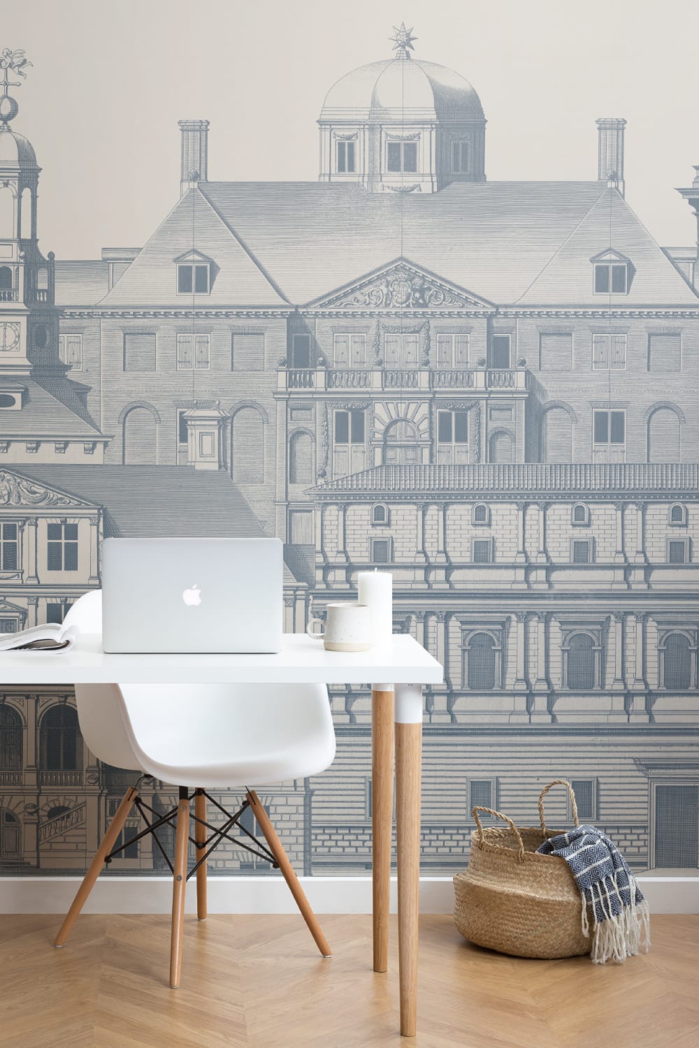 Classical Architectural Etching Wall Mural Blueprint Design by Jan Matthysz and Pieter Jansz Post in Navy Blue