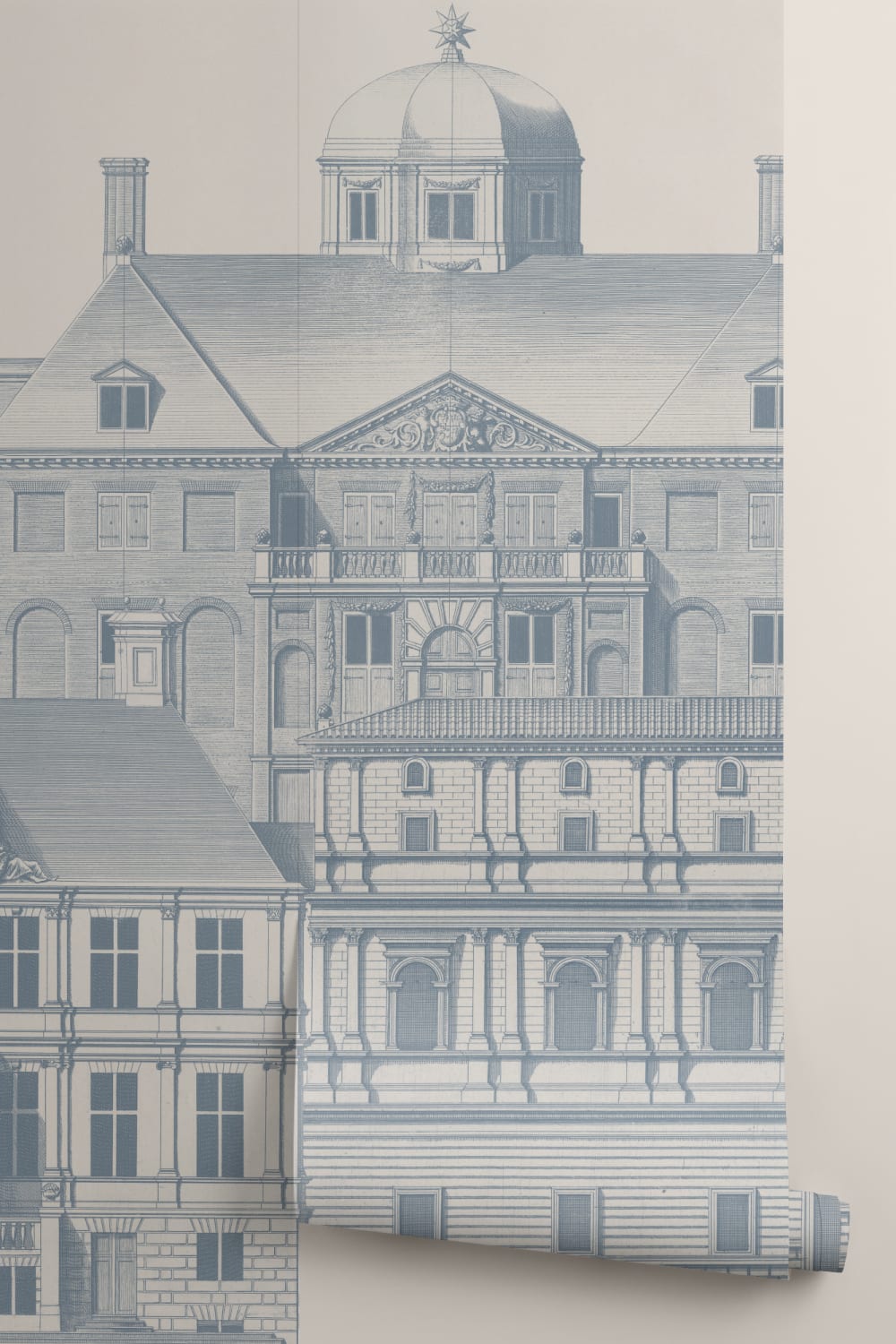 Classical Architectural Etching Wall Mural Blueprint Design by Jan Matthysz and Pieter Jansz Post in Navy Blue