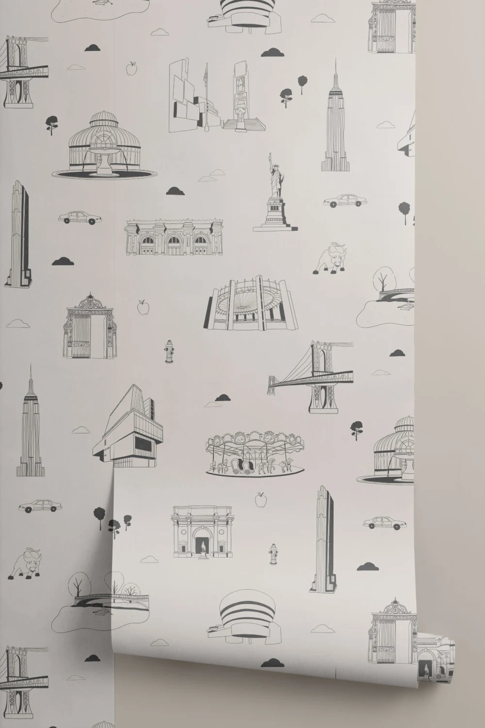 New York City Landmarks Grey and White Repeat Pattern Wallpaper