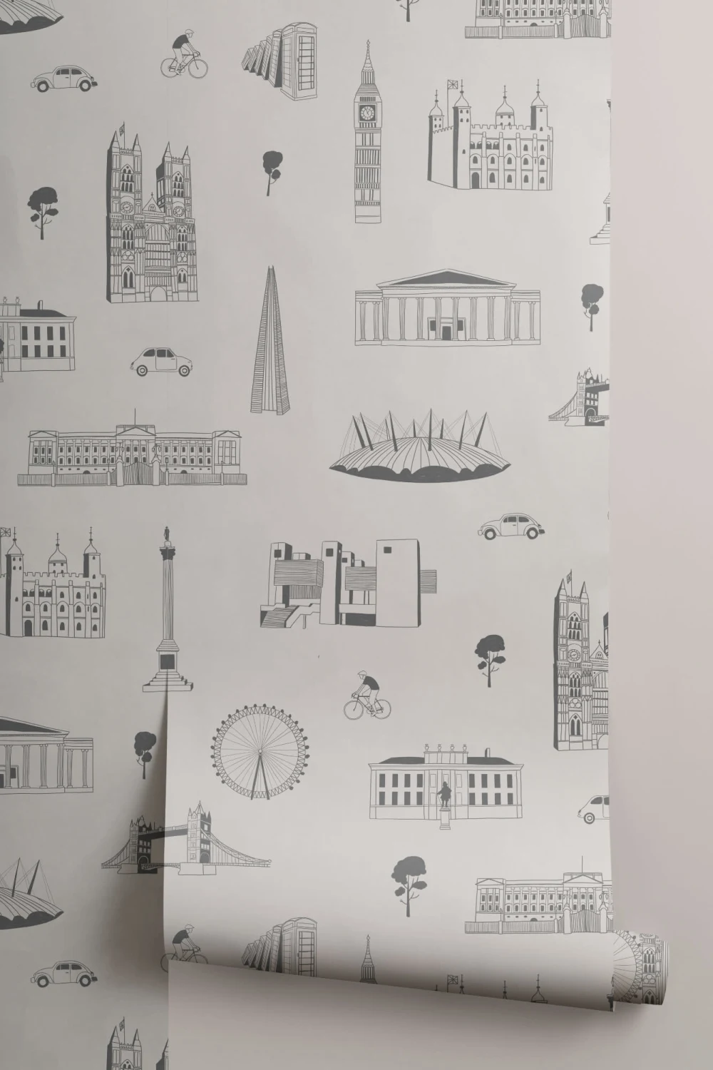 London City Landmarks Gray and White Repeat Pattern Wallpaper
