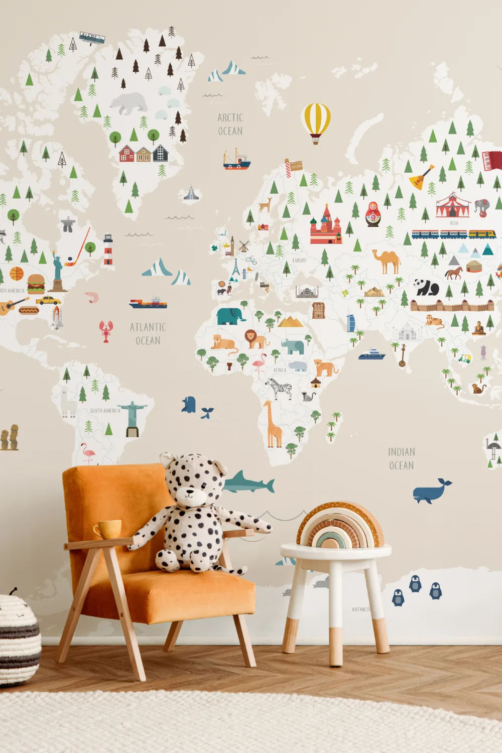 Mural de papel de parede encantador do mapa das crianças em creme