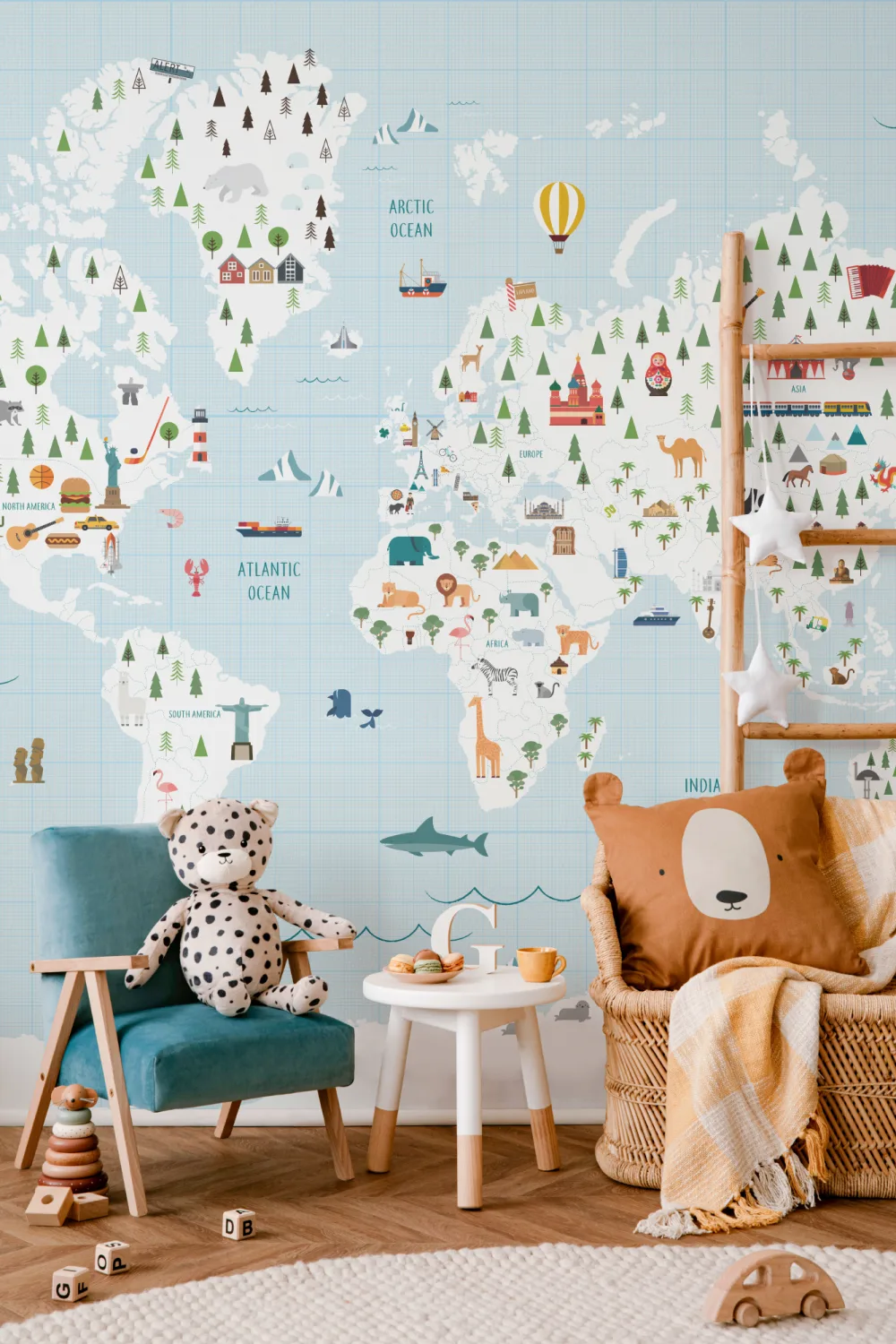 Desen animat albastru Grid hârtie Harta lumii Wallpaper Mural