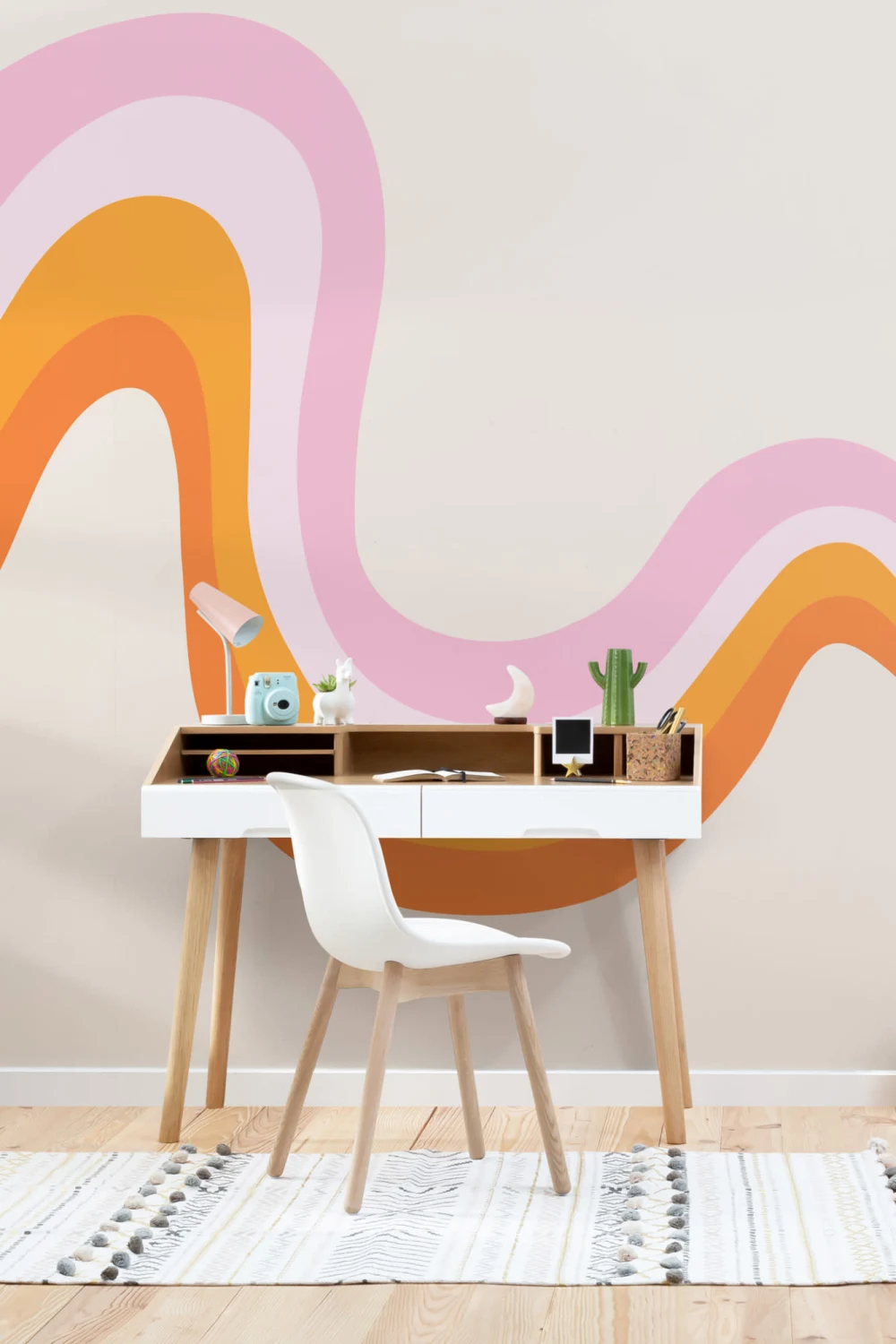 Mural de papel de parede retro dos anos 70 cor-de-rosa e laranja
