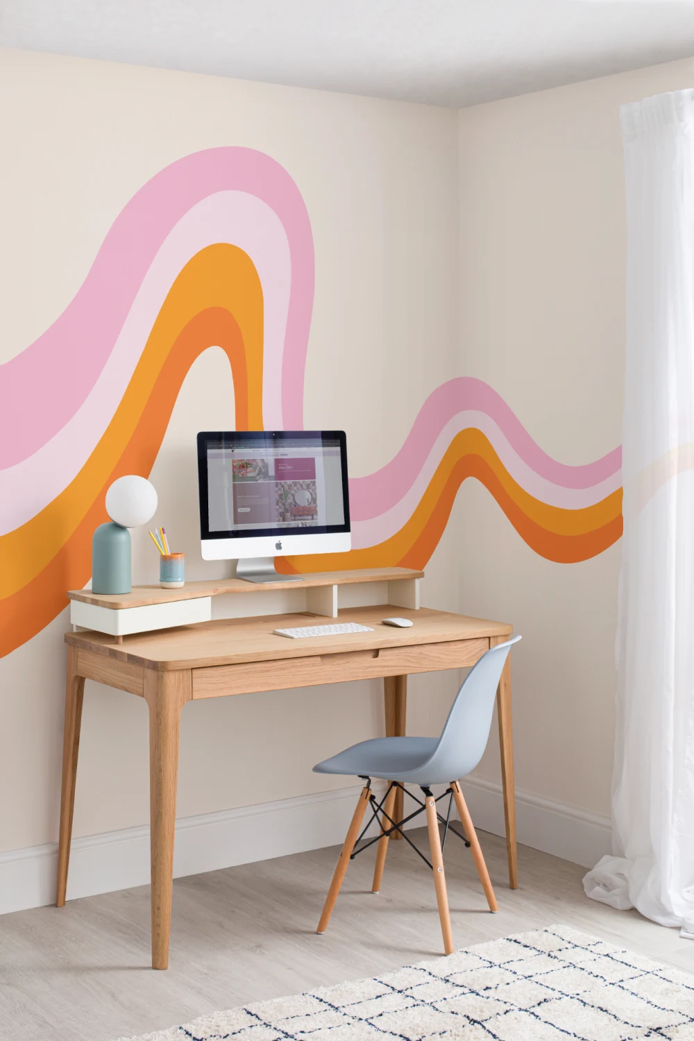Mural de papel de parede retro dos anos 70 cor-de-rosa e laranja