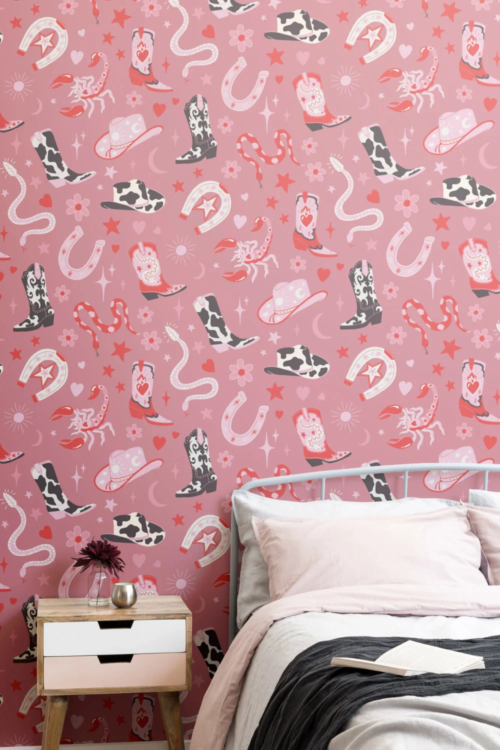 Dark Pink Western Motif Wallpaper