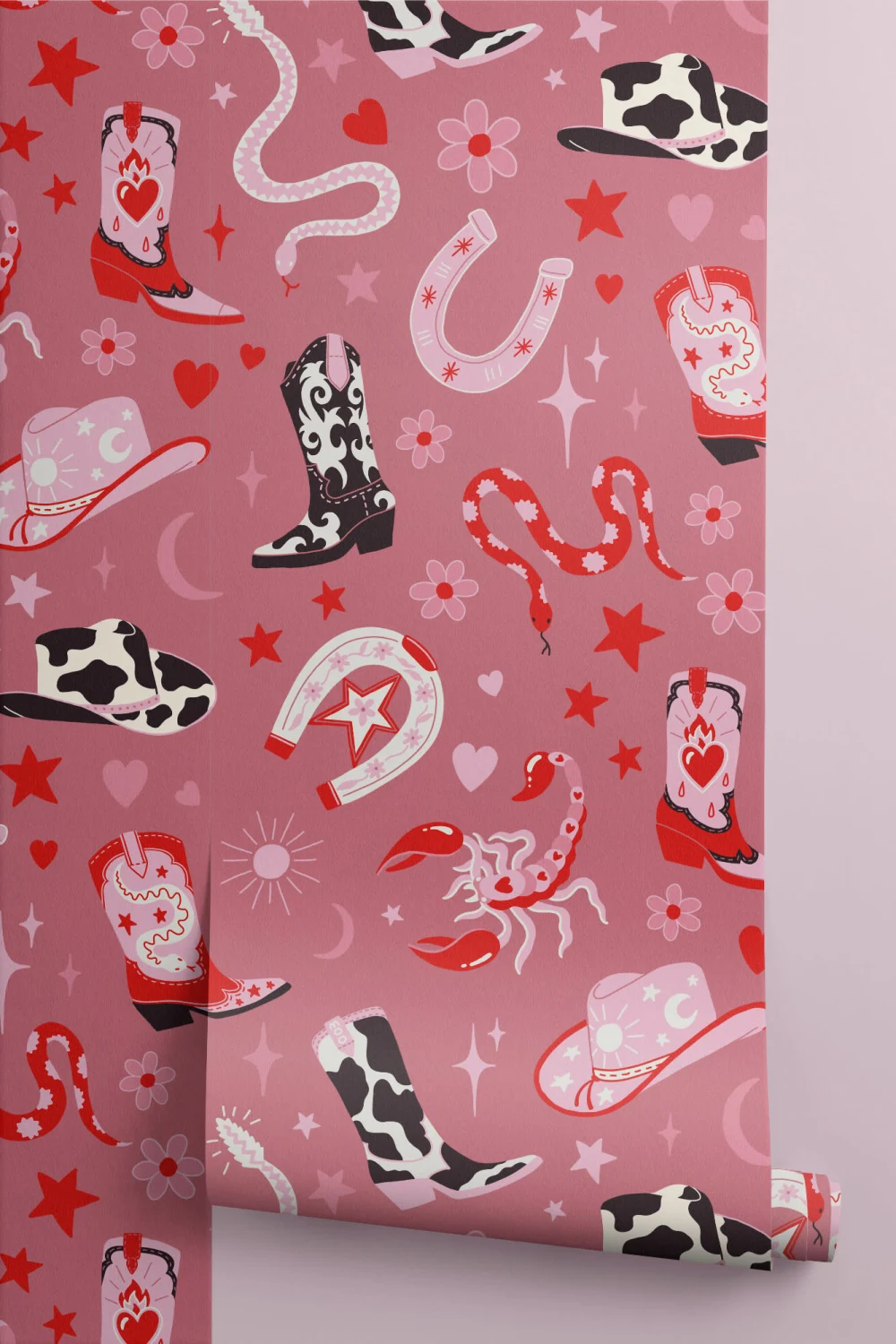 Dark Pink Western Motif Wallpaper