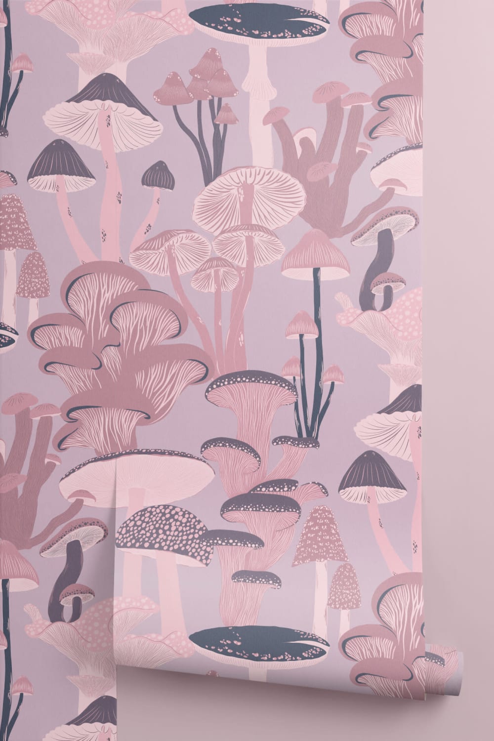 Pink Hand Drawn Mushrooms on Purple Wallpaper