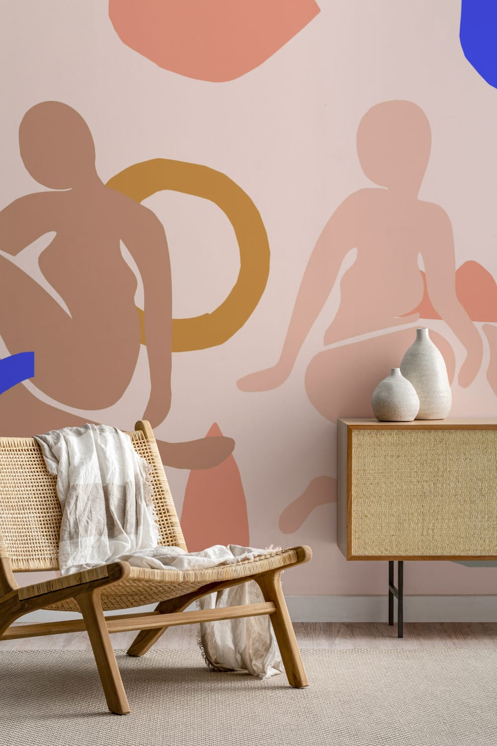 Mural Papel Pintado con Figuras Humanas y Motivos Abstractos Rosa