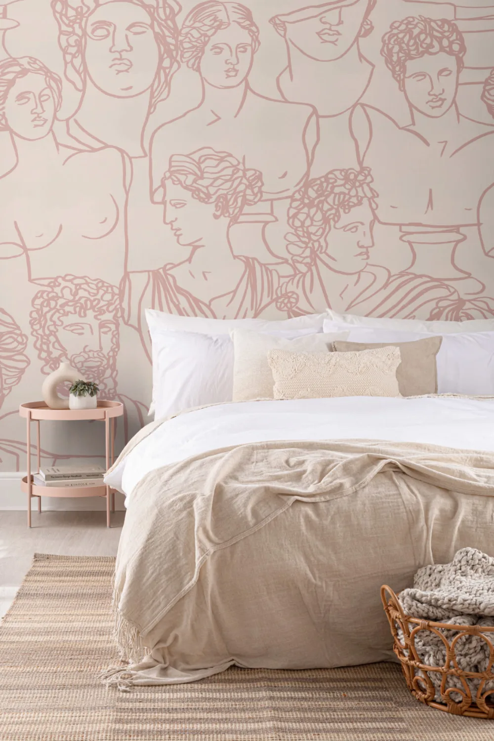 Dusty Pink Line Drawing Greek God Statue Pattern Wallpaper Mural