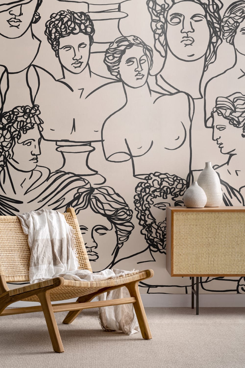 Linie neagră Desen grecesc Dumnezeu Statuie model Wallpaper Mural