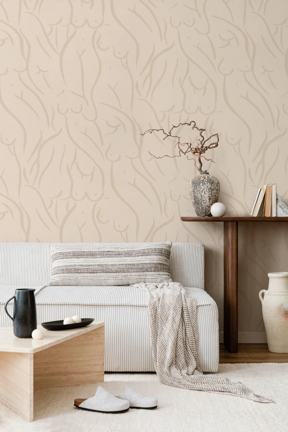 Beige Nude Woman Figure Drawing Repeat Pattern Wallpaper