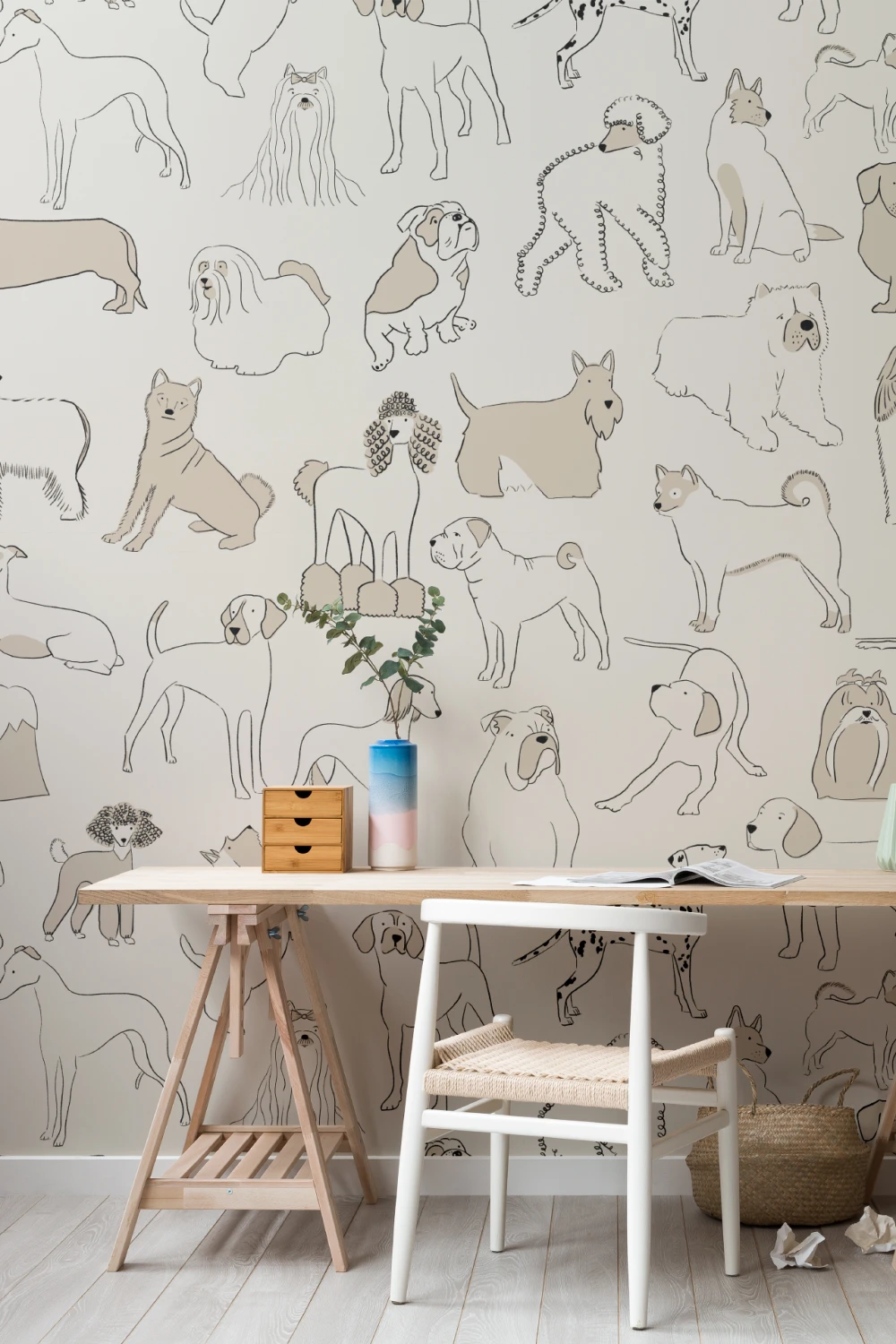 Mural Papel Pintado Neutro con Perros Bulldog Teckel y Otros