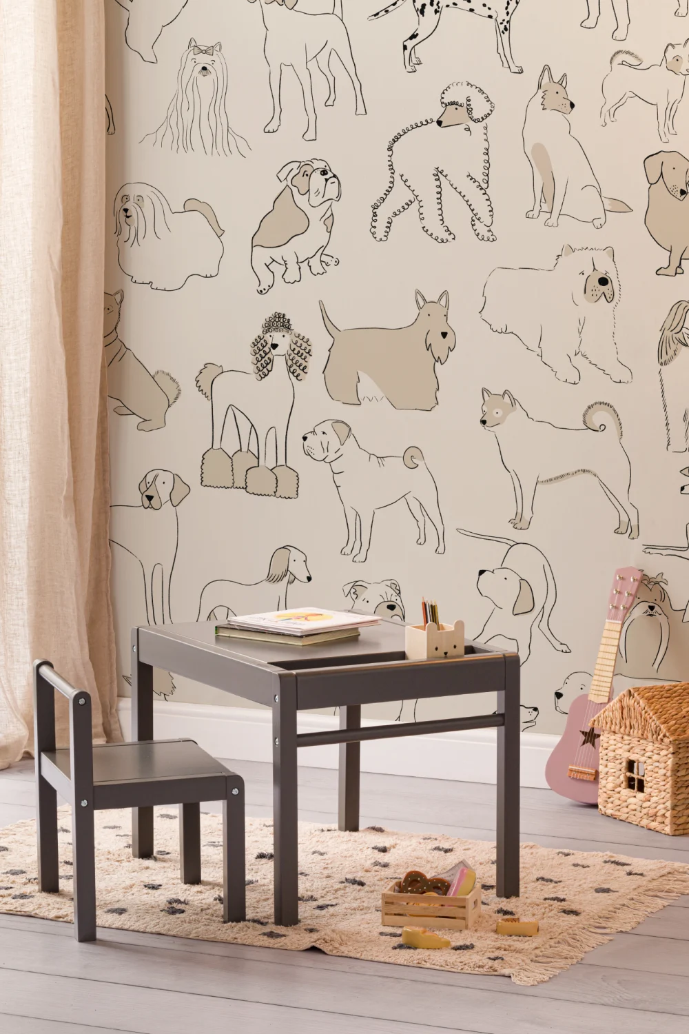 Mural Papel Pintado Neutro con Perros Bulldog Teckel y Otros