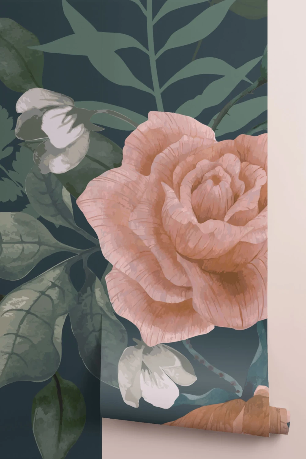 Mural de papel de parede floral verde escuro e cor-de-rosa