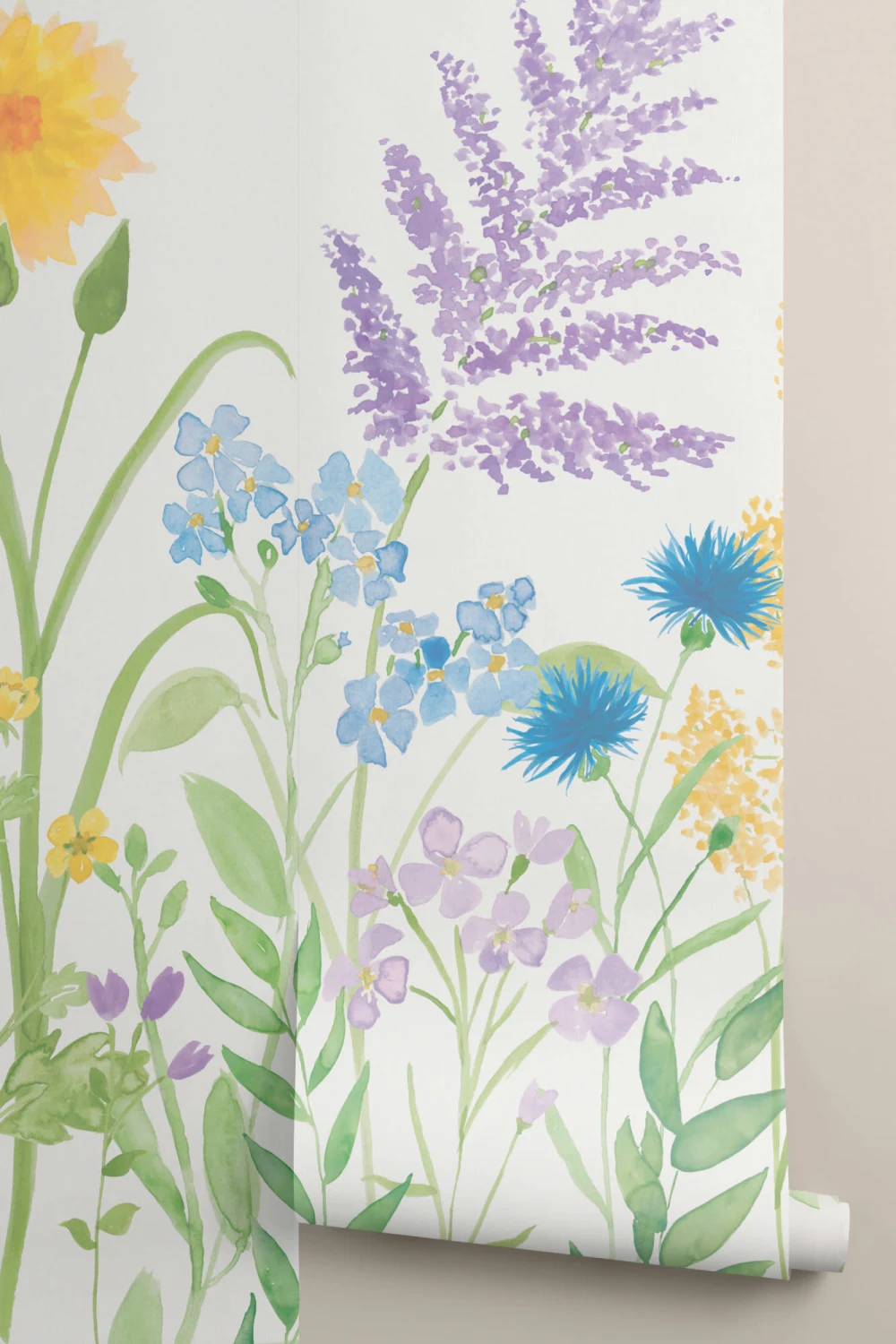 Bright Lilac & Green Watercolor Wildflower Wallpaper Mural