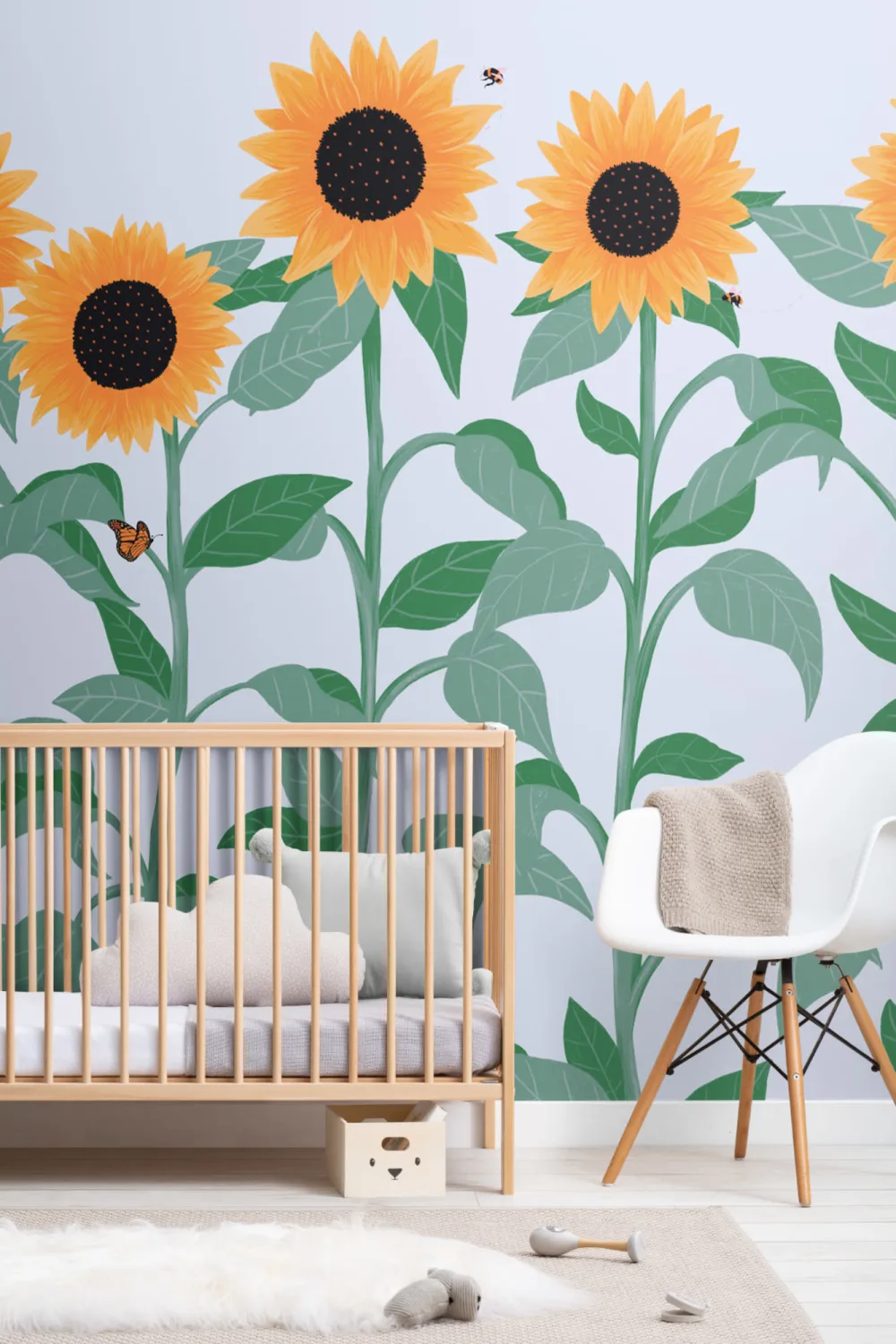 Papier Peint Panoramique Illustré aux Tournesols et Papillons